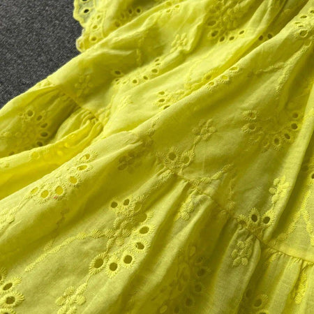 Julissa Cotton Eyelet Dress - close-up of eyelet fabric, yellow - Miss Mosa By Akanksha