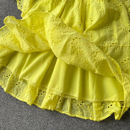 Julissa Cotton Eyelet Dress - close-up of hem ruffle, yellow - Miss Mosa By Akanksha