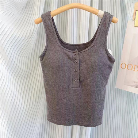Junia Statement Summer Top In Brown - flat-lay product shot of ribbed tank top on hanger - Miss Mosa By Akanksha