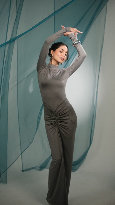 Junifar Statement Bodycon Maxi Dress In Grey - full-length shot on model - Miss Mosa By Akanksha