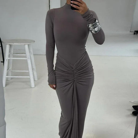 Junifar Statement Bodycon Maxi Dress In Grey - front shot on model - Miss Mosa By Akanksha
