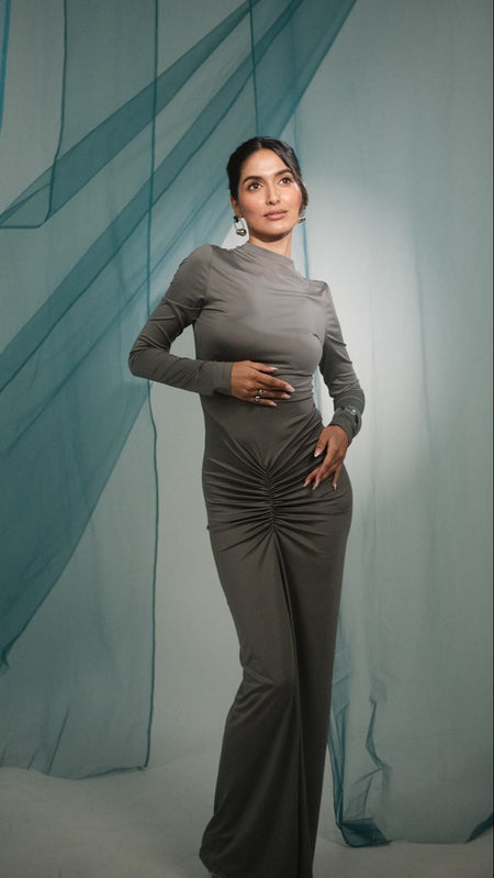 Junifar Statement Bodycon Maxi Dress In Grey - front shot on model - Miss Mosa By Akanksha