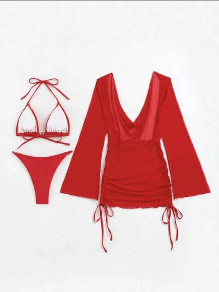 Junir 3 Piece Swimsuit with Coverup - close-up of bikini top detail, red - Miss Mosa By Akanksha