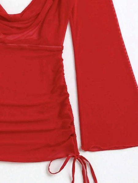 Junir 3 Piece Swimsuit with Coverup - close-up of coverup fabric detail, red - Miss Mosa By Akanksha