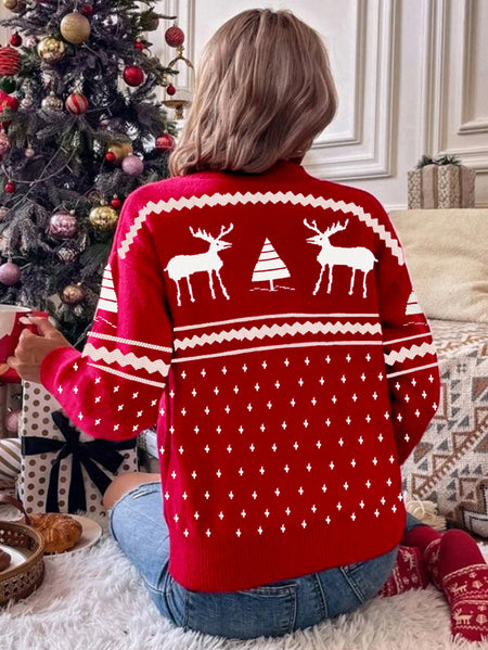 Justin Woolen Sweater - back shot, red with white reindeer print - Miss Mosa By Akanksha