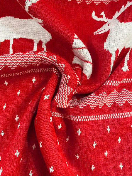 Justin Woolen Sweater - fabric detail shot, red with white reindeer print - Miss Mosa By Akanksha