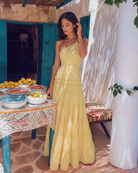 Justine Backless Layered Maxi Dress - full-length shot, pale yellow - Miss Mosa By Akanksha