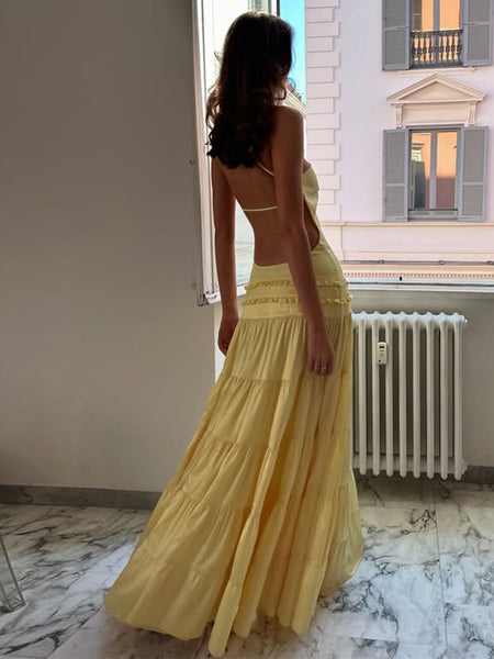 Justine Backless Layered Maxi Dress - back shot, pale yellow - Miss Mosa By Akanksha