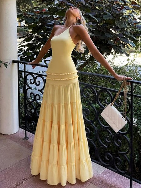 Justine Backless Layered Maxi Dress - side shot, pale yellow - Miss Mosa By Akanksha