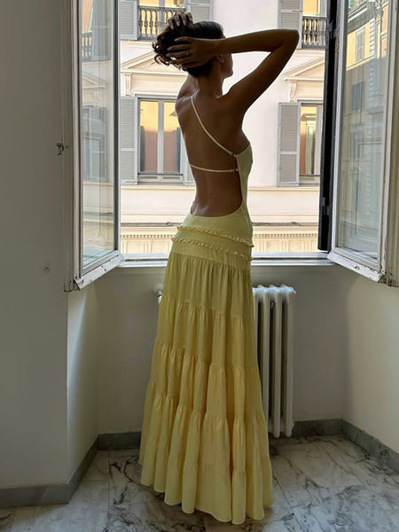 Justine Backless Layered Maxi Dress - back shot, pale yellow - Miss Mosa By Akanksha