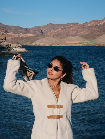 Kairo Leather Button Sweater Top - front shot on model outdoors, cream - Miss Mosa By Akanksha