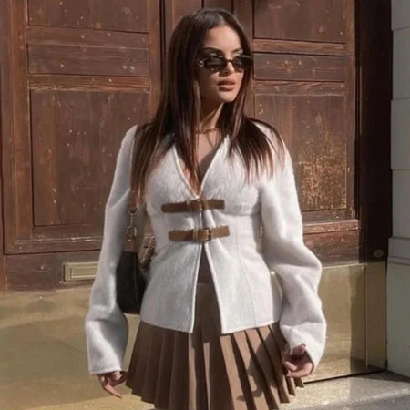 Kairo Leather Button Sweater Top - front shot on model outdoors, white - Miss Mosa By Akanksha