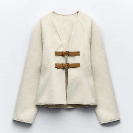 Kairo Leather Button Sweater Top - front shot of top flat-lay, cream - Miss Mosa By Akanksha