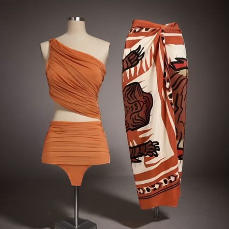Kairo Luxe Swimsuit with Sarong Skirt In Rust - flat-lay product shot, rust - Miss Mosa By Akanksha