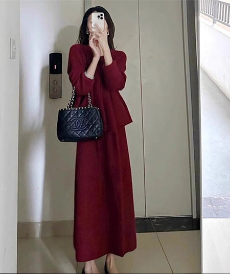 Kaison Luxe Premium Winter Coord Set - full-length shot on model, red - Miss Mosa By Akanksha