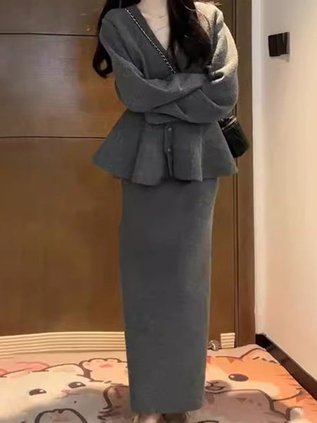 Kaison Luxe Premium Winter Coord Set - full-length shot on model, grey - Miss Mosa By Akanksha
