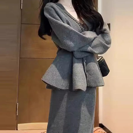 Kaison Luxe Premium Winter Coord Set - front shot on model, grey - Miss Mosa By Akanksha