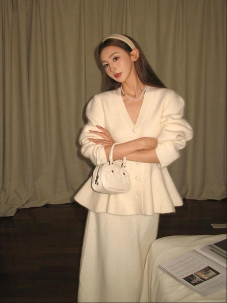 Kaison Luxe Premium Winter Coord Set - full-length shot on model, cream - Miss Mosa By Akanksha