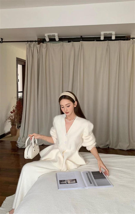 Kaison Luxe Premium Winter Coord Set - seated shot on model, cream - Miss Mosa By Akanksha