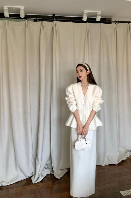 Kaison Luxe Premium Winter Coord Set - full-length shot on model, cream - Miss Mosa By Akanksha
