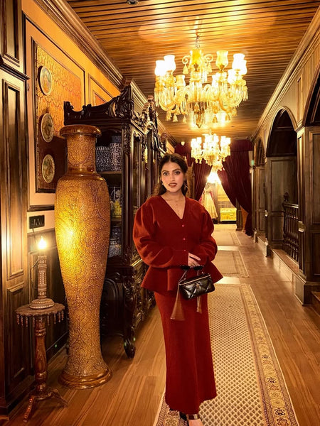 Kaison Luxe Premium Winter Coord Set - full-length shot on model, burgundy - Miss Mosa By Akanksha
