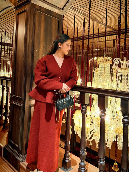 Kaison Luxe Premium Winter Coord Set - side shot on model, burgundy - Miss Mosa By Akanksha
