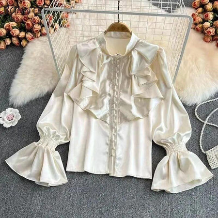 Kale Ruffled Satin Blouse - front shot on hanger, cream - Miss Mosa By Akanksha