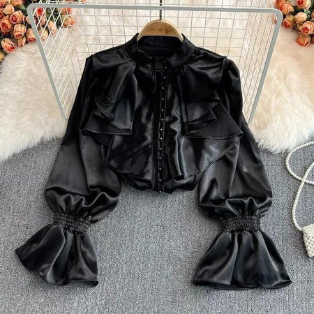 Kale Ruffled Satin Blouse - front shot on hanger, black - Miss Mosa By Akanksha