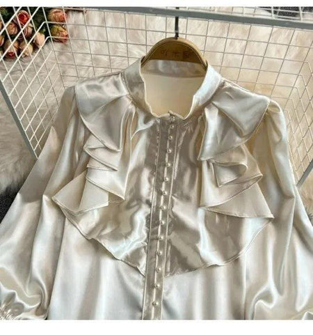 Kale Ruffled Satin Blouse - close-up of ruffle, cream - Miss Mosa By Akanksha