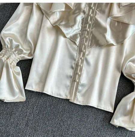 Kale Ruffled Satin Blouse - close-up of cuff, cream - Miss Mosa By Akanksha