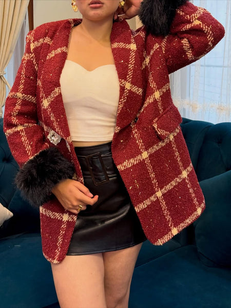 Kallista Tweed Fur Blazer - front shot on model, red and cream check - Miss Mosa By Akanksha