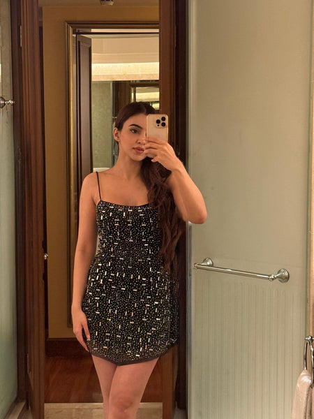 Kamilla Embellished Party Dress - front mirror shot on model, black - Miss Mosa By Akanksha