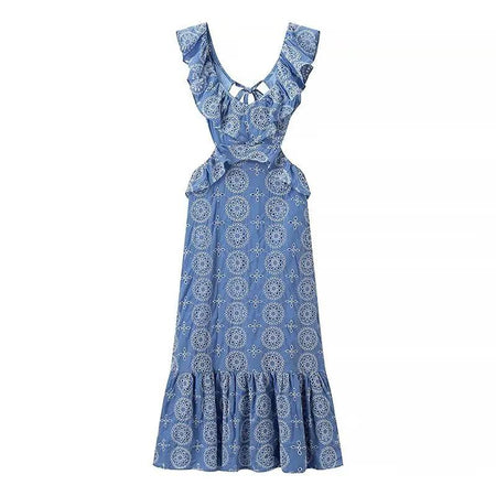 Kamiya Eyelet Cotton Summer Dress In Blue - back flat-lay shot - Miss Mosa By Akanksha