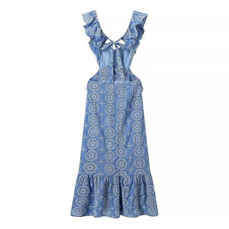 Kamiya Eyelet Cotton Summer Dress In Blue - back flat-lay shot - Miss Mosa By Akanksha