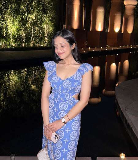 Kamiya Eyelet Cotton Summer Dress In Blue - front shot on model - Miss Mosa By Akanksha