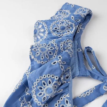 Kamiya Eyelet Cotton Summer Dress In Blue - flat-lay shot of bodice - Miss Mosa By Akanksha