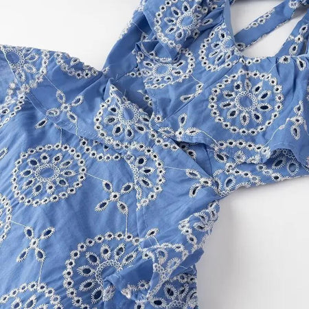 Kamiya Eyelet Cotton Summer Dress In Blue - flat-lay shot of bodice - Miss Mosa By Akanksha