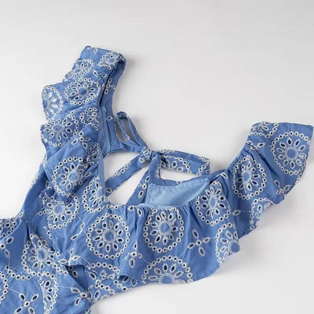 Kamiya Eyelet Cotton Summer Dress In Blue - flat-lay shot of back tie - Miss Mosa By Akanksha