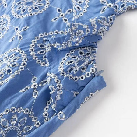 Kamiya Eyelet Cotton Summer Dress In Blue - flat-lay shot of side opening - Miss Mosa By Akanksha