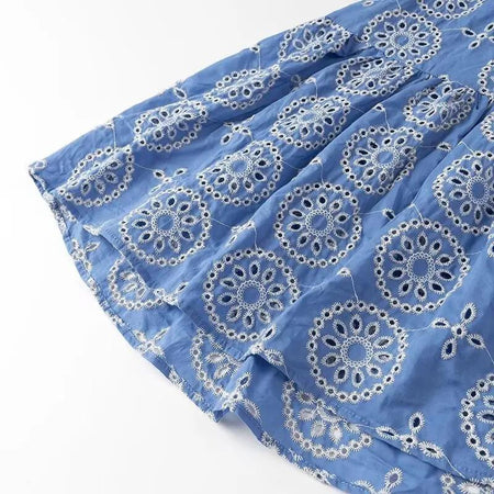 Kamiya Eyelet Cotton Summer Dress In Blue - flat-lay shot of skirt hem - Miss Mosa By Akanksha