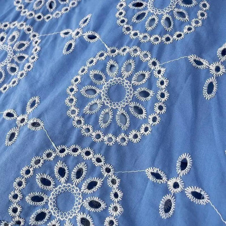 Kamiya Eyelet Cotton Summer Dress In Blue - close-up of eyelet embroidery - Miss Mosa By Akanksha