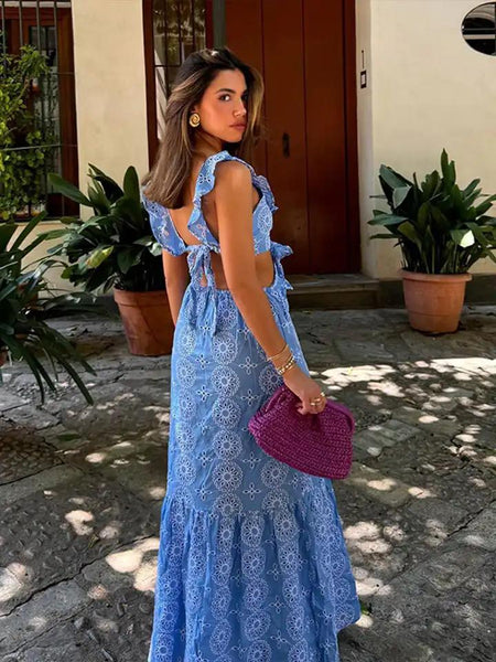 Kamiya Eyelet Cotton Summer Dress In Blue - back shot on model outdoors - Miss Mosa By Akanksha