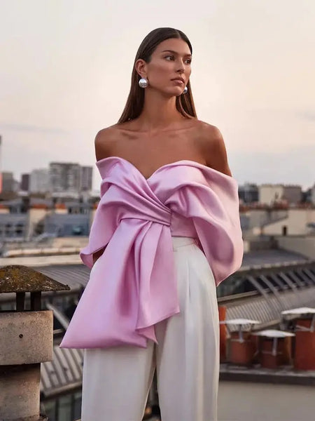 Kane Satin Offshoulder Blouse - lifestyle shot on model, pink - Miss Mosa By Akanksha