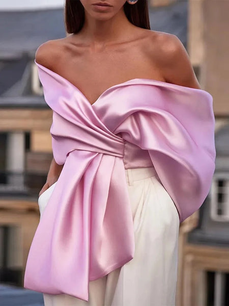 Kane Satin Offshoulder Blouse - front shot on model, pink - Miss Mosa By Akanksha