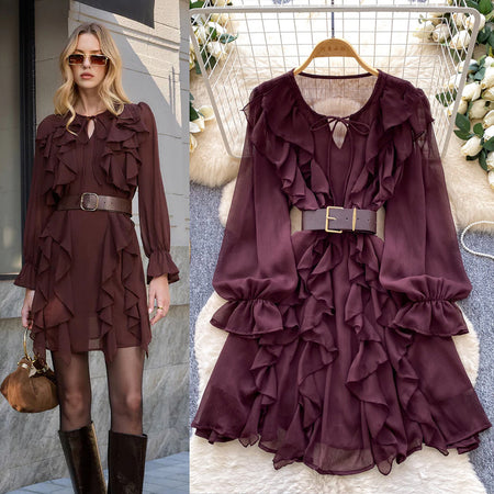 Kara Ruffle Mini Dress With Belt - styled shot with flat-lay detail, burgundy - Miss Mosa By Akanksha