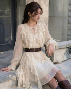 Kara Ruffle Mini Dress With Belt - seated shot, cream - Miss Mosa By Akanksha