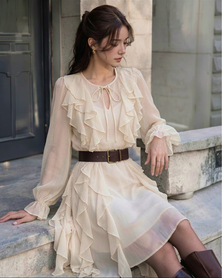 Kara Ruffle Mini Dress With Belt - seated shot, cream - Miss Mosa By Akanksha