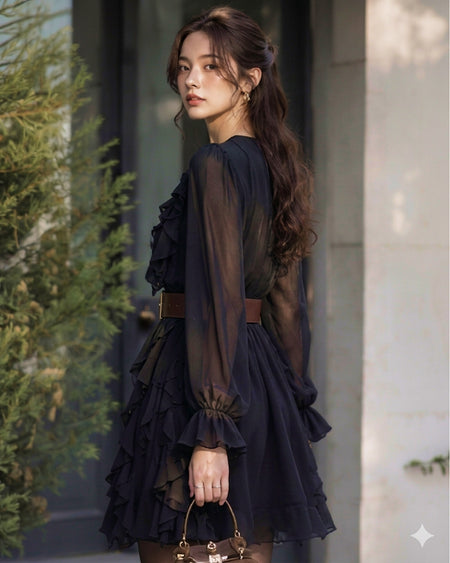 Kara Ruffle Mini Dress With Belt - side shot, navy - Miss Mosa By Akanksha