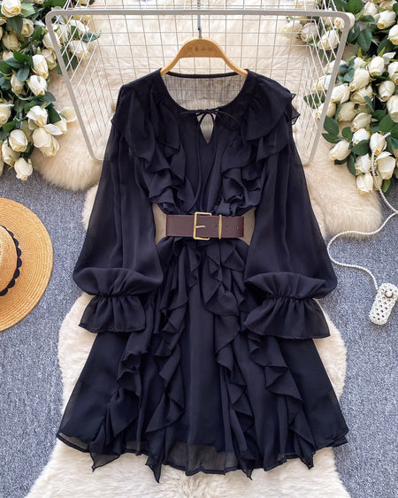 Kara Ruffle Mini Dress With Belt - flat-lay shot, black - Miss Mosa By Akanksha