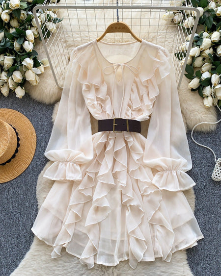 Kara Ruffle Mini Dress With Belt - flat-lay shot, cream - Miss Mosa By Akanksha
